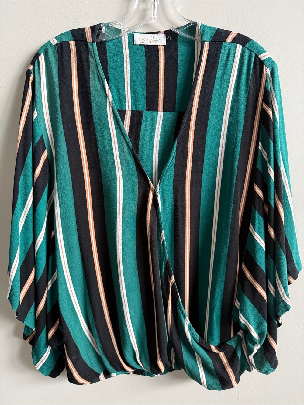 Ava Sky Fighting Eel Teal, Black & Cream  Stripe Kimono Sleeve Top Size L